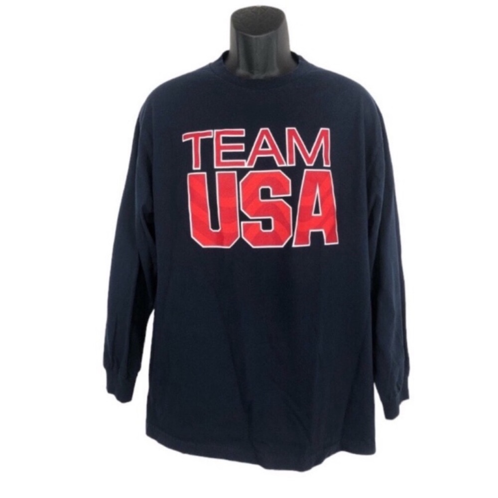 TEAM USA Crew Neck Long Sleeve Cotton Tee T SHIRT Size Large Navy Blue & Red